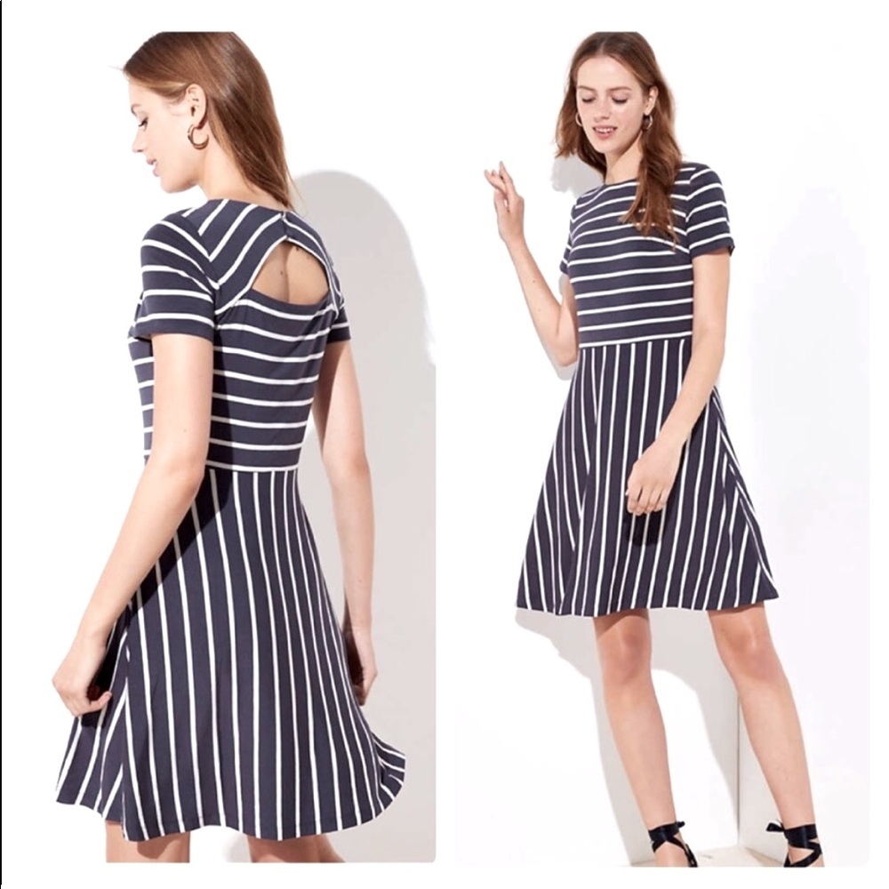 LOFT blue and white striped fit and flare knee length dress with back cutout